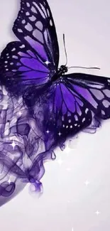 Purple butterfly with smoke effect design on a mobile wallpaper.