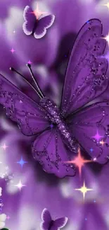 Purple butterfly with floral accents wallpaper.