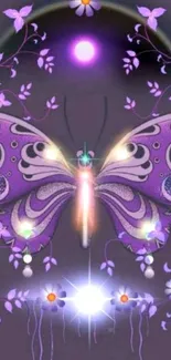 Purple butterfly with floral elements in a vibrant artistic design.