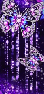 Purple butterfly wallpaper with gems and floral accents.