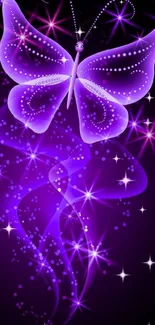 Vibrant purple butterfly with glowing neon stars wallpaper.