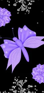 Purple butterfly wallpaper with black background and floral accents.