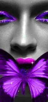 Purple butterfly with bold eyeshadow, artistic wallpaper.