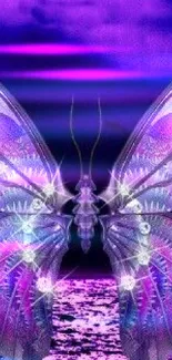 Artistic purple butterfly over dark ocean background wallpaper.