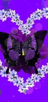 Purple butterfly with flowers on vibrant background.