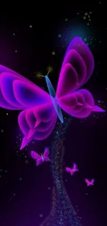 Vibrant purple butterfly with neon accents on a black background.