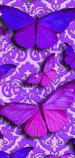 Vibrant purple butterflies with intricate patterns on a wallpaper.