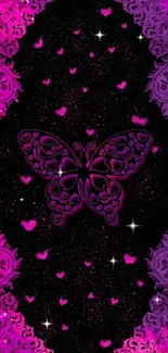 Purple butterfly with floral border on a dark background.