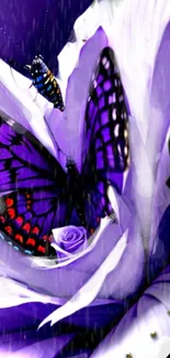 Purple butterfly resting on a flower in a vibrant artistic design.