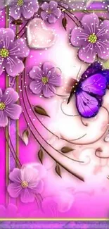 Purple butterfly with pink flowers on a floral wallpaper.