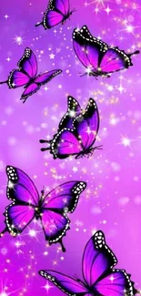 Purple butterflies sparkle on a vibrant background.