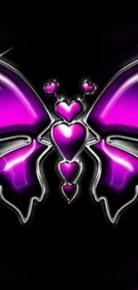 Vibrant purple butterfly with glowing hearts on dark background.