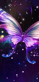 Purple butterfly with glowing wings in a starry background wallpaper.