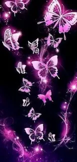 Purple butterflies on a neon black background with glowing effects.