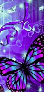 Vibrant purple butterfly with glowing accents and heart motifs.