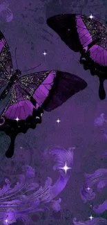 Vibrant purple butterflies on floral background wallpaper.