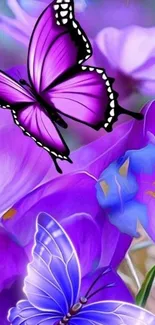 Purple butterflies resting on vibrant flowers.