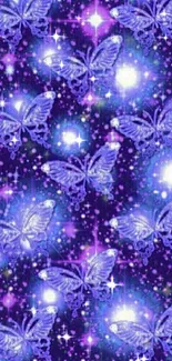 Vibrant purple wallpaper with glowing butterflies and stars.