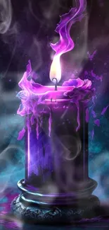 Artistic purple candle with a mystical glow on a dark background.