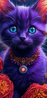 Purple cat with blue eyes and red flowers on mobile wallpaper.