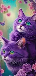 Vibrant purple cats with bright green eyes in a floral fantasy setting.