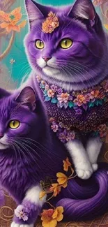 Purple cats with floral details on an artistic wallpaper.