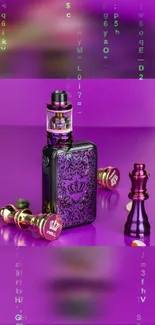 Vibrant purple vape mod with chess piece art on a wallpaper.