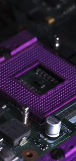 Close-up of a purple circuit board with intricate details.