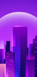 Futuristic purple cityscape with neon skyscrapers.