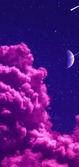 Purple clouds and crescent moon at night.