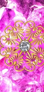 Mystical purple crystal wallpaper with a central mandala design.