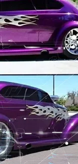 Purple custom car with flame decals, a stylish vintage vehicle.