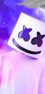 Vibrant DJ with marshmallow helmet and purple backdrop.