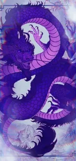 Purple dragon artwork on a serene background.