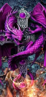 Purple dragon entwined on Gothic cross with textured background.