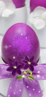 Purple Easter egg with floral decoration on a festive background.