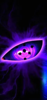 Purple eye with electric design on black background.