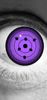 Purple eye design on a mobile wallpaper with anime aesthetic.