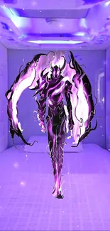 Purple flame figure in futuristic room glowing with vibrant light.