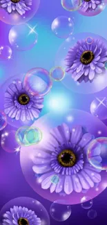 Purple flowers in bubbles on a dreamy background