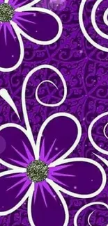 Vibrant purple floral wallpaper with swirls and ornate details.