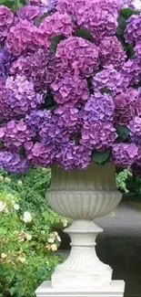 Purple flowers in a classical urn set in a lush garden backdrop.