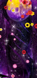 Vibrant wallpaper featuring flowers and a cosmic theme in purple and yellow hues.