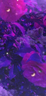 Mystical purple flowers with night sky background on this artistic wallpaper.