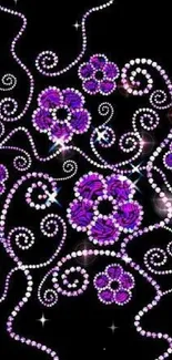 Vibrant purple floral pattern with sparkling accents on dark background.