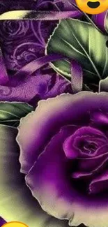 Purple floral wallpaper with green leaves and roses.