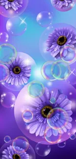 Vibrant purple floral wallpaper with flowers in bubbles for your phone.