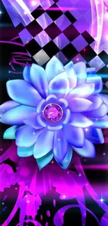 Colorful abstract wallpaper with purple flower and geometric patterns.