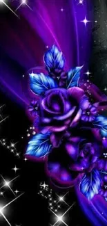 Vibrant purple and blue floral wallpaper with a starry background.