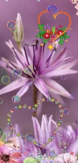 Purple flower with colorful hearts and bubbles on a floral background.